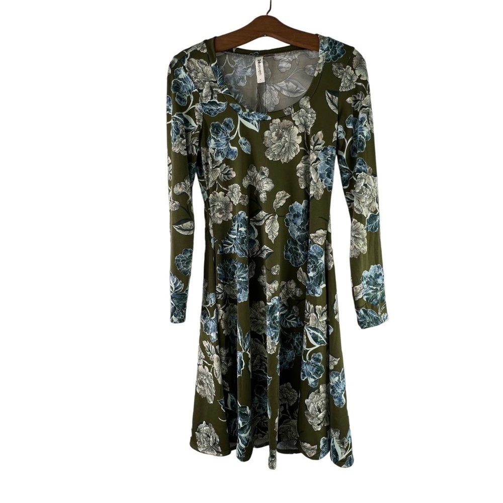 24Seven Green Floral Long Sleeve T-Shirt Dress Womens L Knee Length Stretch NEW